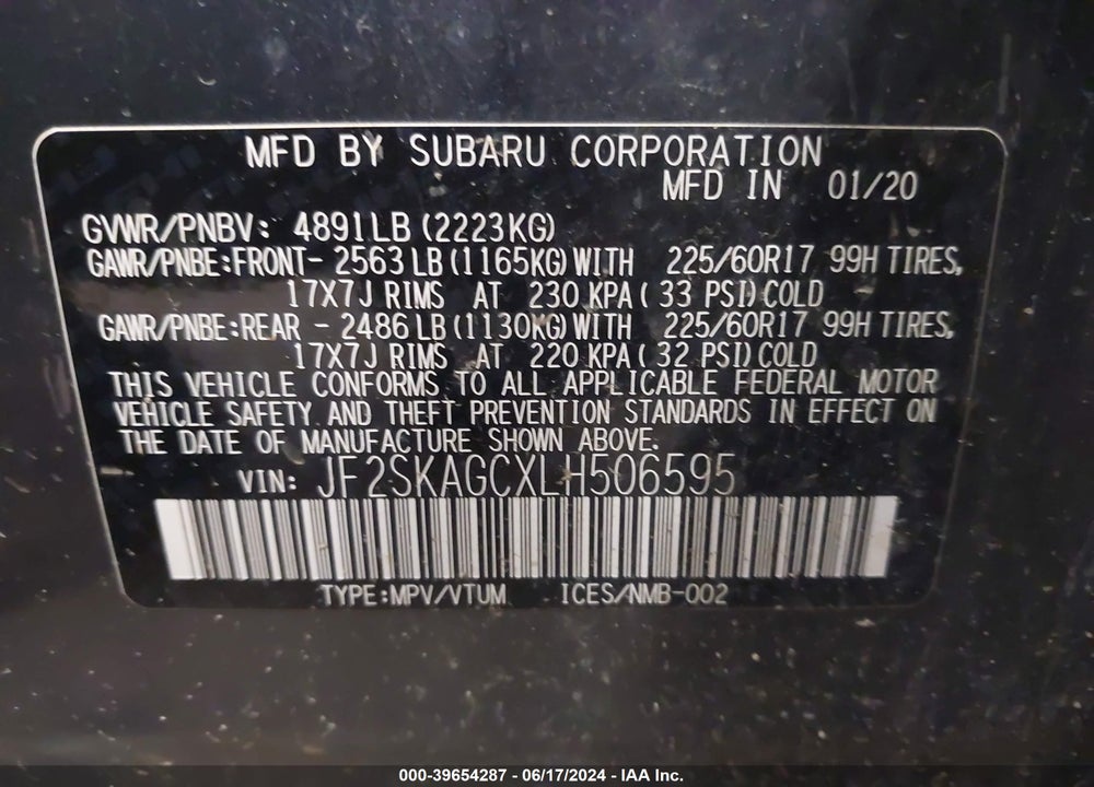 2020 SUBARU FORESTER PREMIUM VIN: JF2SKAGCXLH506595