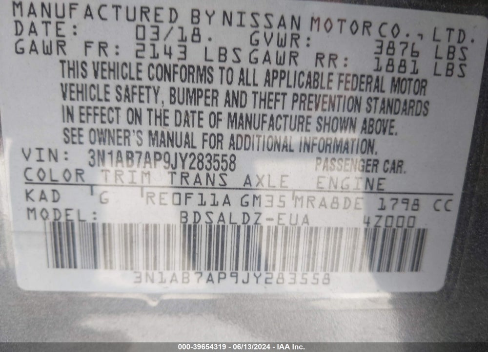 2018 NISSAN SENTRA SV VIN: 3N1AB7AP9JY283558
