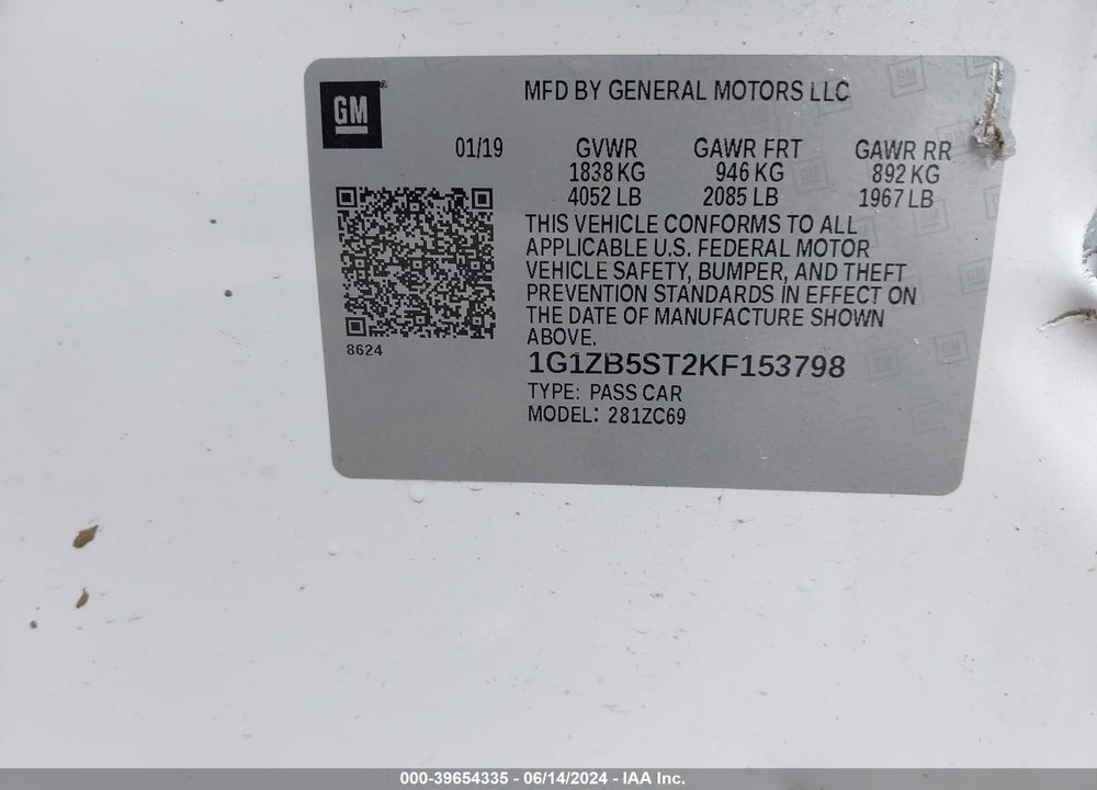 2019 CHEVROLET MALIBU 1LS VIN: 1G1ZB5ST2KF153798
