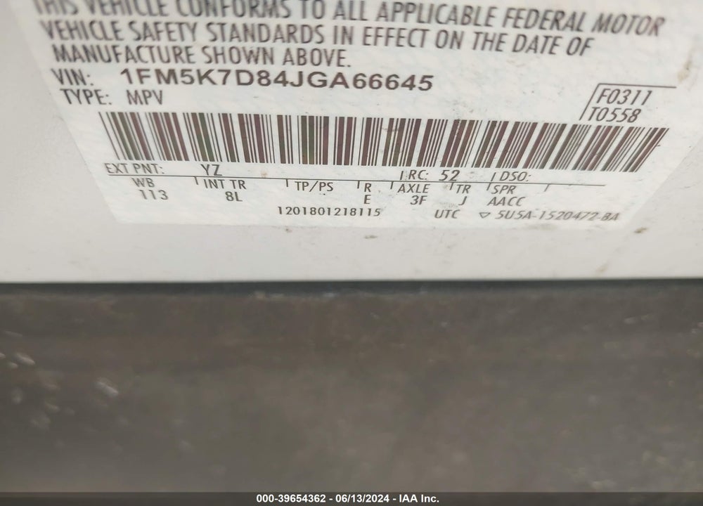 2018 FORD EXPLORER XLT VIN: 1FM5K7D84JGA66645