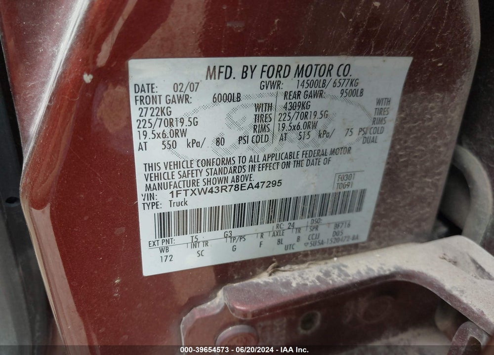2008 FORD F-450 KING RANCH/LARIAT/XL/XLT VIN: 1FTXW43R78EA47295
