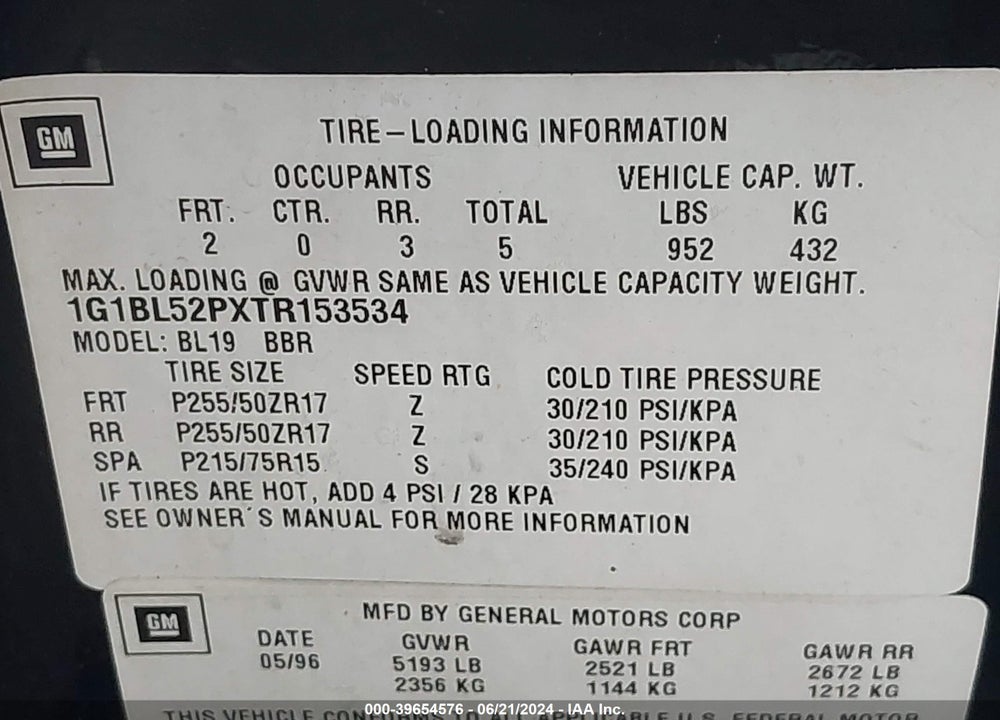 1996 CHEVROLET CAPRICE / IMPALA CLASSIC SS VIN: 1G1BL52PXTR153534
