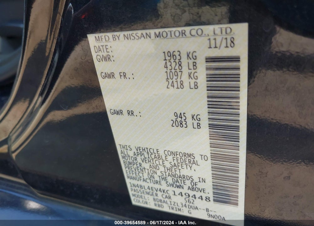 2019 NISSAN ALTIMA 2.5 SL VIN: 1N4BL4EV4KC149448