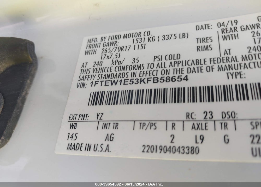 2019 FORD F-150 XL VIN: 1FTEW1E53KFB58654