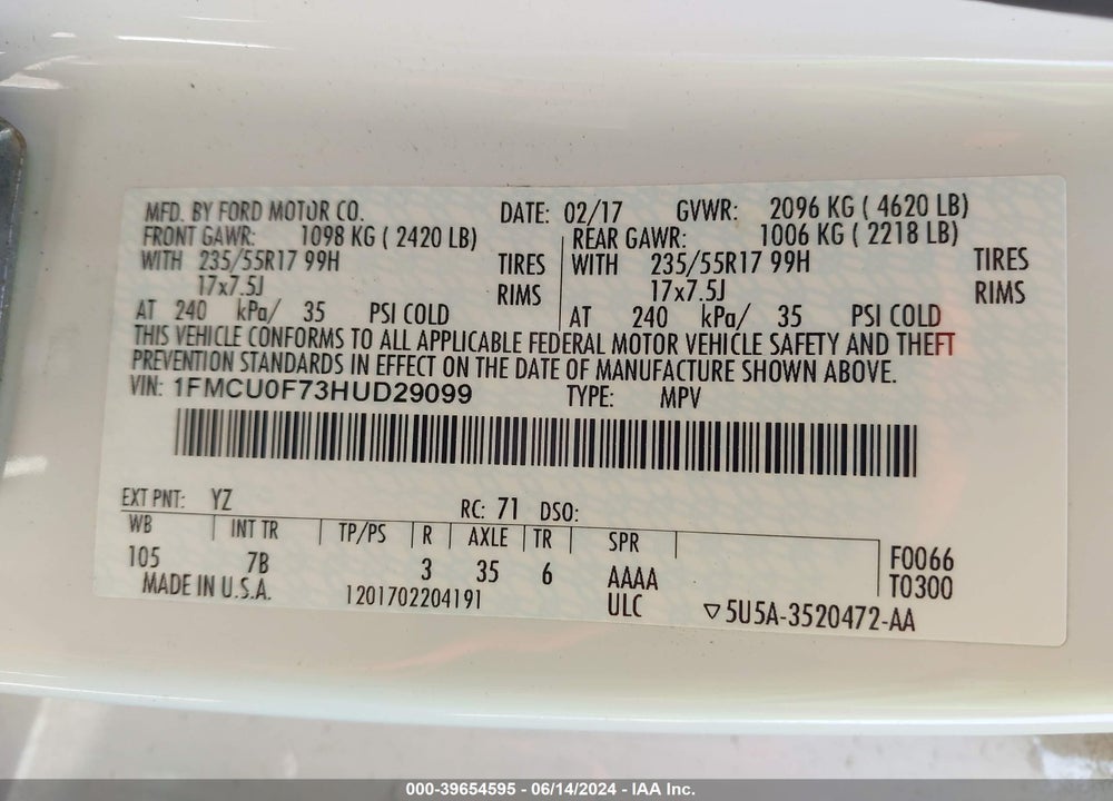 2017 FORD ESCAPE S VIN: 1FMCU0F73HUD29099
