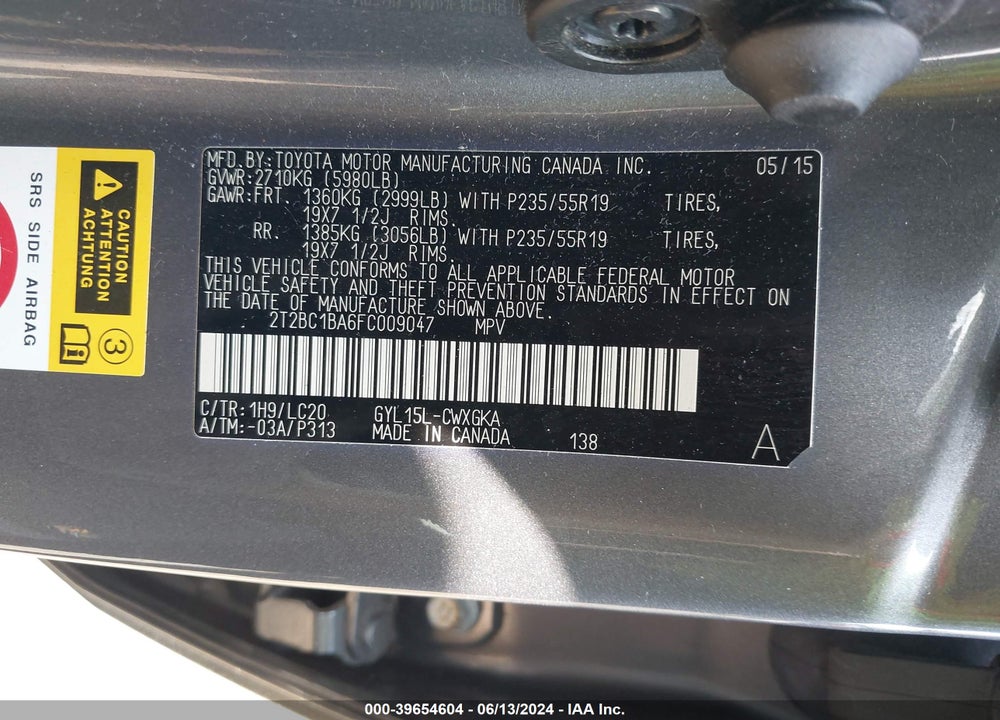2015 LEXUS RX 450H VIN: 2T2BC1BA6FC009047