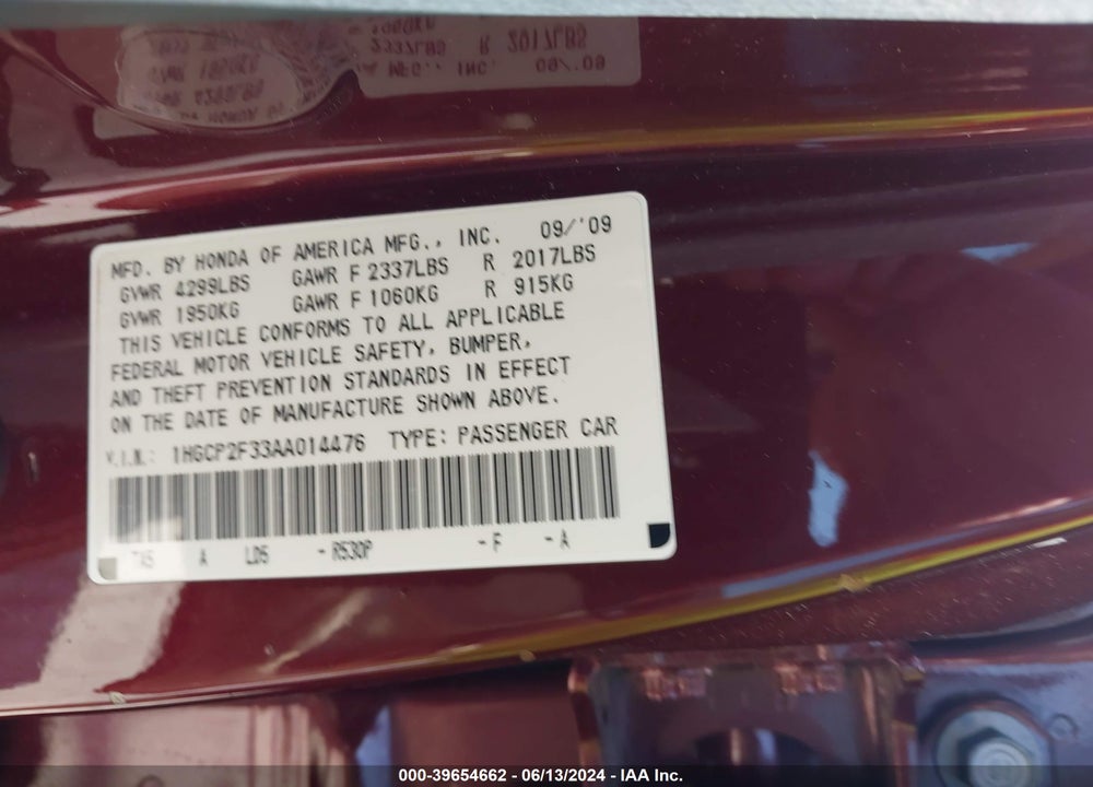 2010 HONDA ACCORD 2.4 LX VIN: 1HGCP2F33AA014476