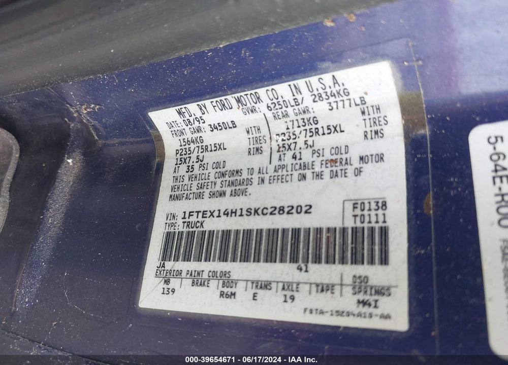 1995 FORD F150 VIN: 1FTEX14H1SKC28202