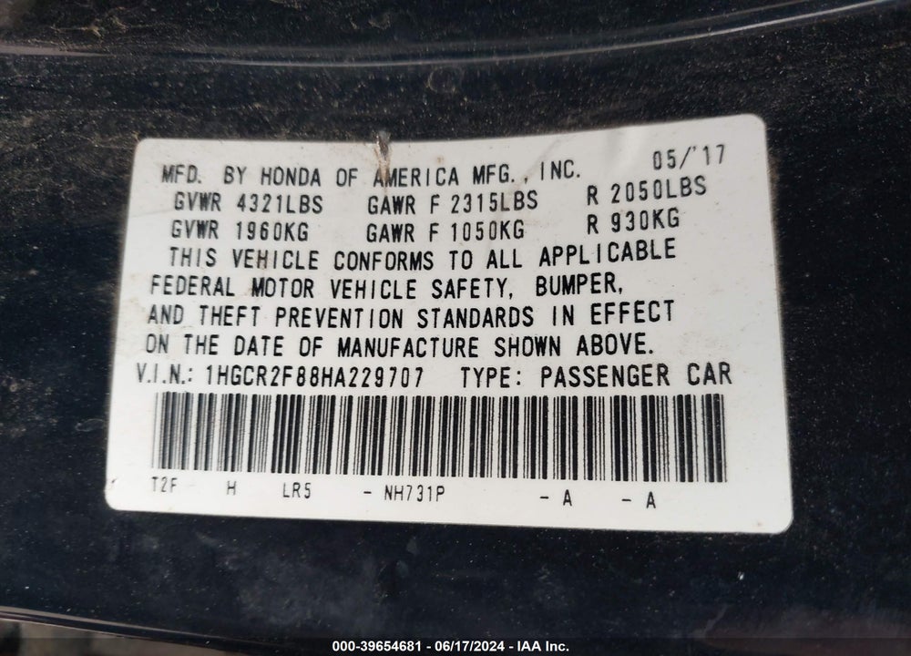 2017 HONDA ACCORD EX-L VIN: 1HGCR2F88HA229707