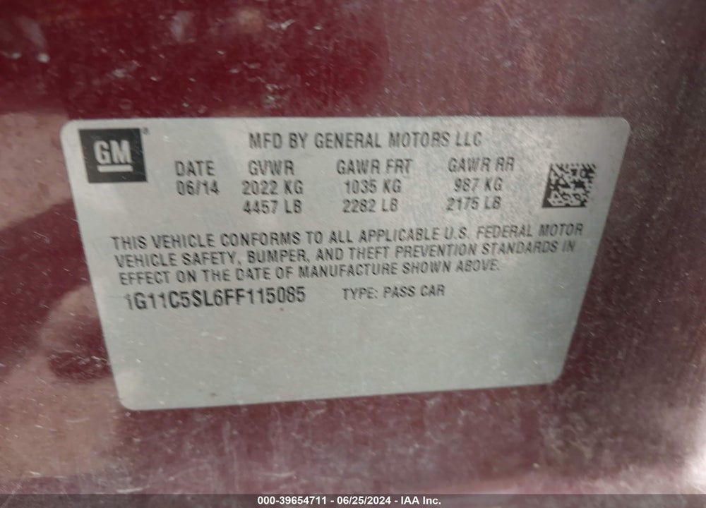 2015 CHEVROLET MALIBU 1LT VIN: 1G11C5SL6FF115085