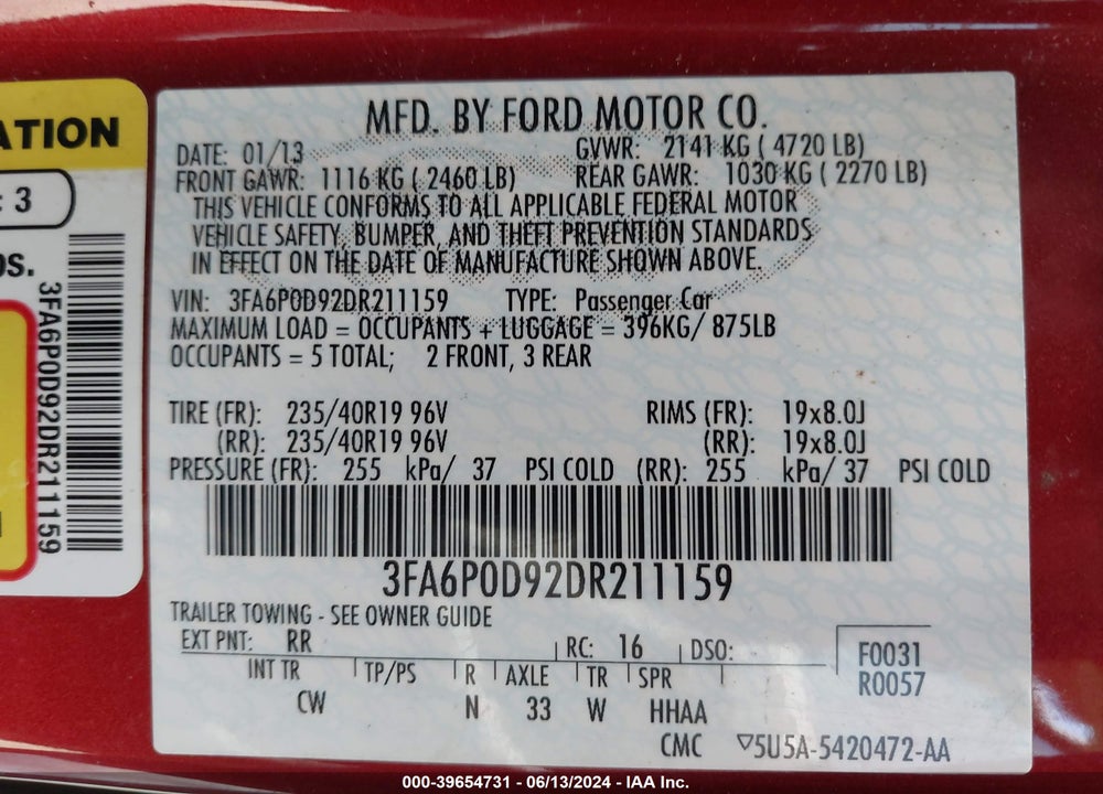 2013 FORD FUSION TITANIUM VIN: 3FA6P0D92DR211159
