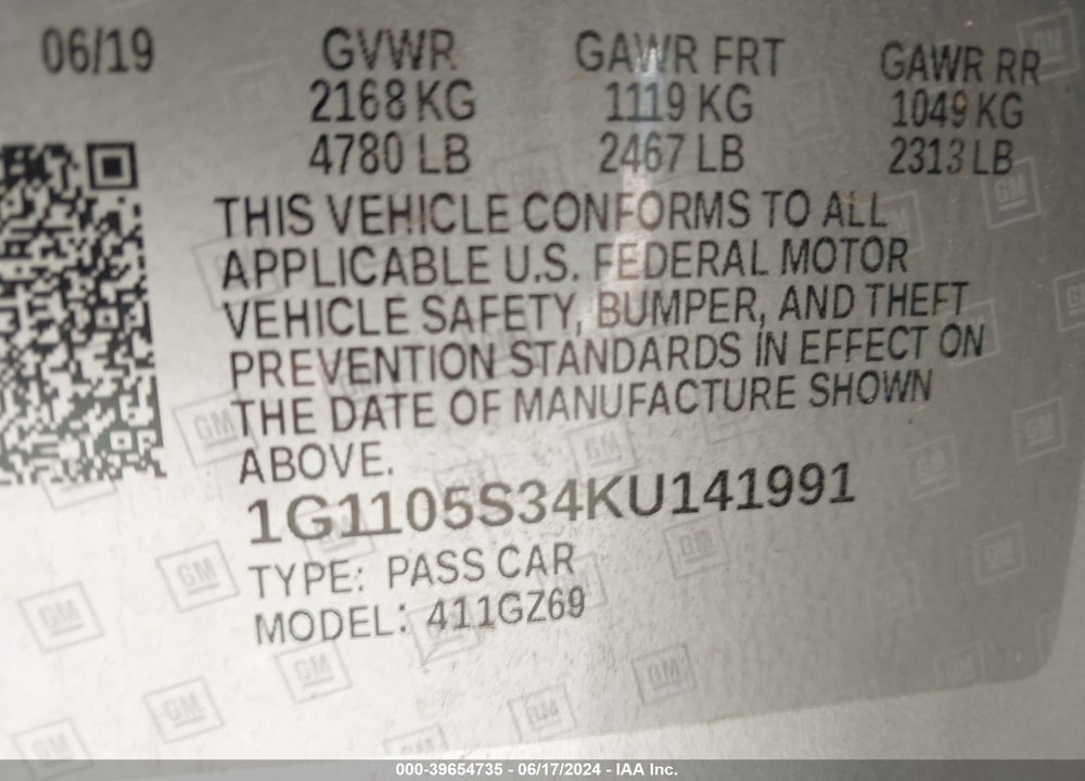 2019 CHEVROLET IMPALA PREMIER VIN: 1G1105S34KU141991