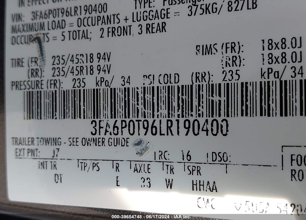 2020 FORD FUSION SE VIN: 3FA6P0T96LR190400