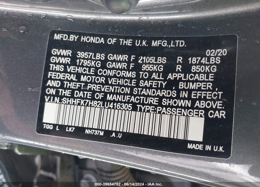 2020 HONDA CIVIC EX-L VIN: SHHFK7H82LU416305