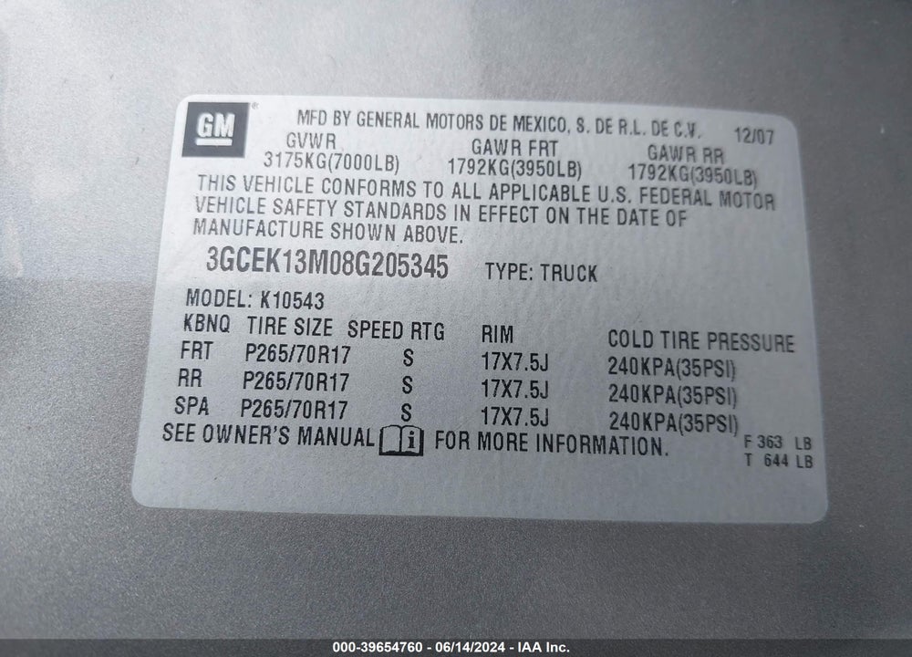 2008 CHEVROLET SILVERADO 1500 LT1 VIN: 3GCEK13M08G205345