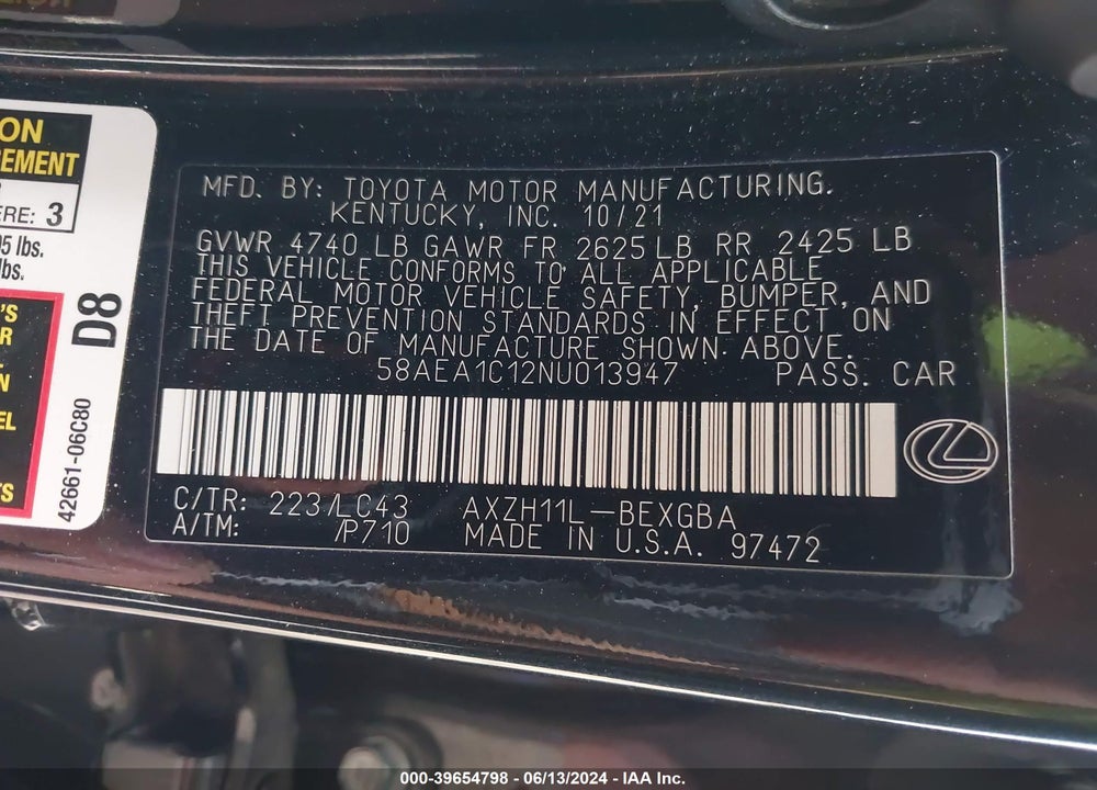 2022 LEXUS ES 300H LUXURY VIN: 58AEA1C12NU013947