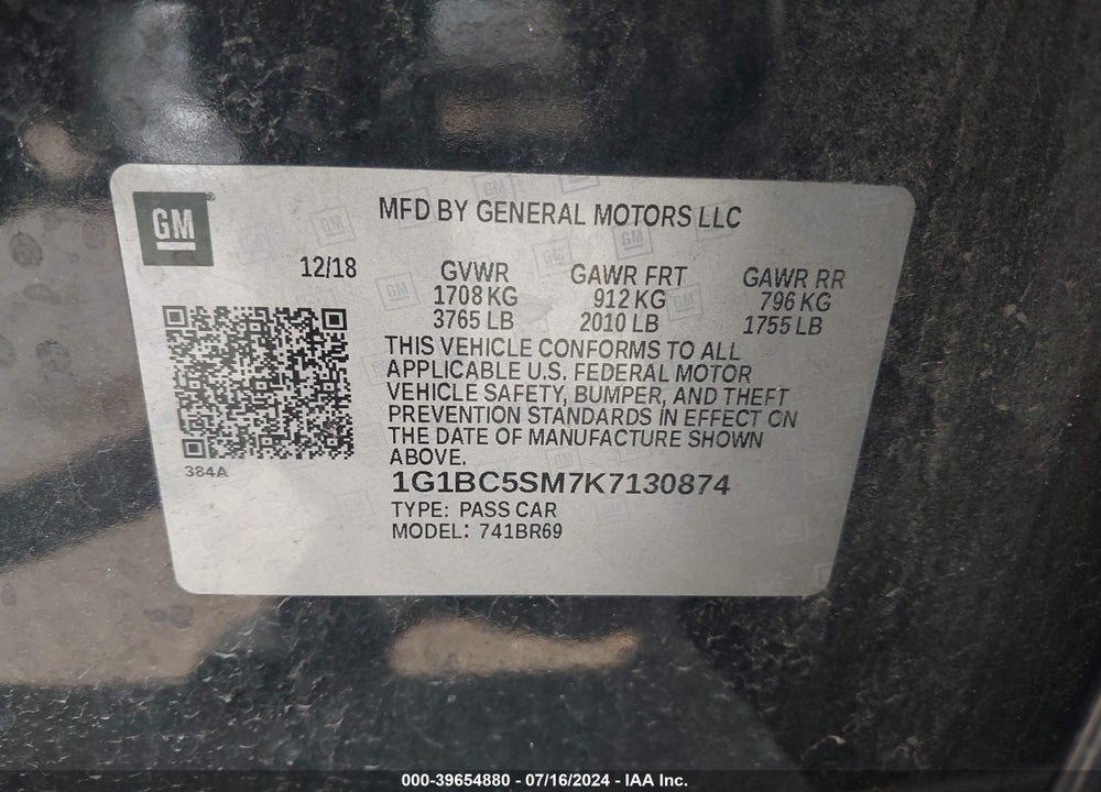 2019 CHEVROLET CRUZE LS VIN: 1G1BC5SM7K7130874