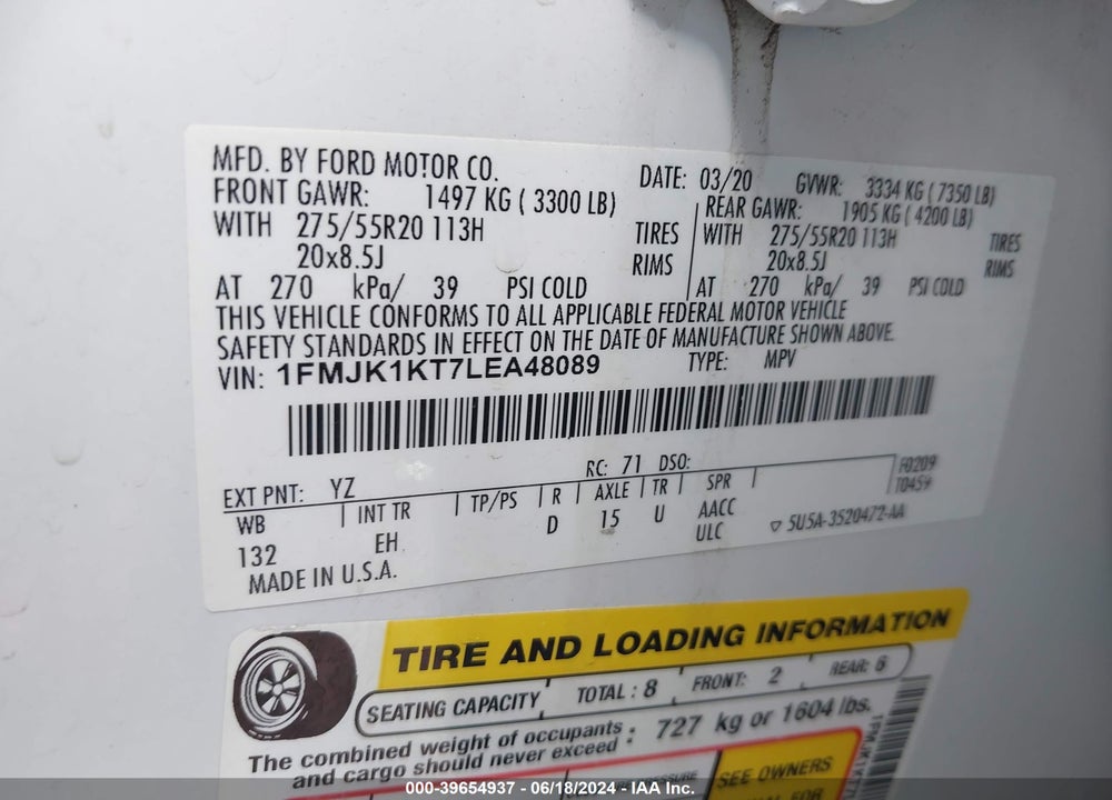 2020 FORD EXPEDITION LIMITED MAX VIN: 1FMJK1KT7LEA48089