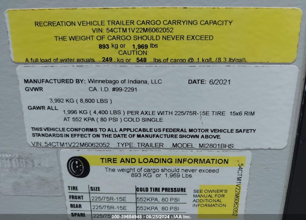 2021 WINNEBAGO MINNIE TRAVEL TRAILER VIN: 54CTM1V22M6062052
