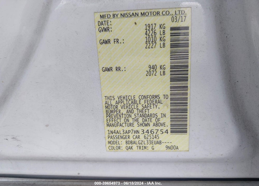 2017 NISSAN ALTIMA 2.5 S VIN: 1N4AL3AP7HN346754
