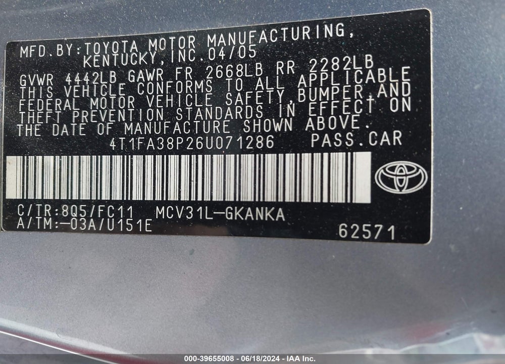 2006 TOYOTA CAMRY SOLARA SE VIN: 4T1FA38P26U071286