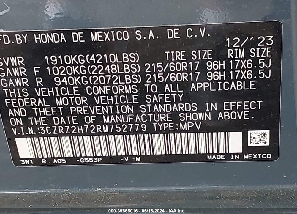 2024 HONDA HR-V VIN: 3CZRZ2H72RM752779