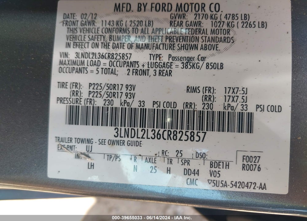 2012 LINCOLN MKZ HYBRID VIN: 3LNDL2L36CR825857