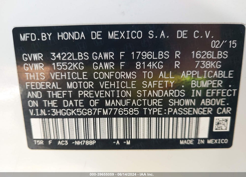 2015 HONDA FIT EX VIN: 3HGGK5G87FM776585