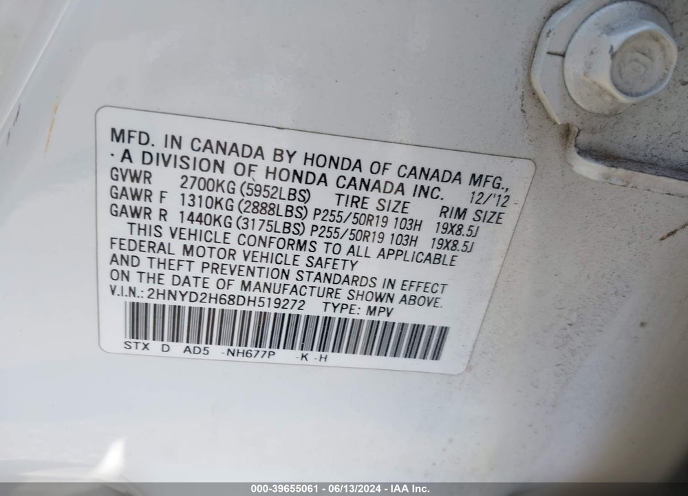 2013 ACURA MDX VIN: 2HNYD2H68DH519272