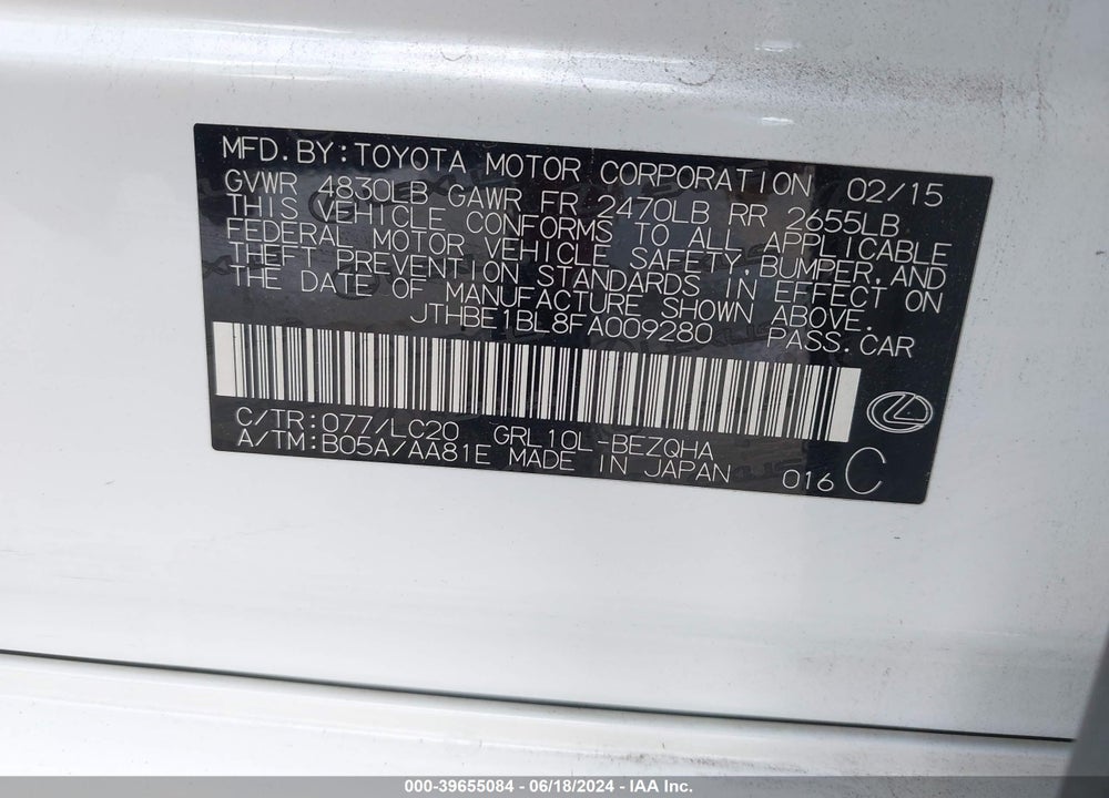 2015 LEXUS GS 350 VIN: JTHBE1BL8FA009280