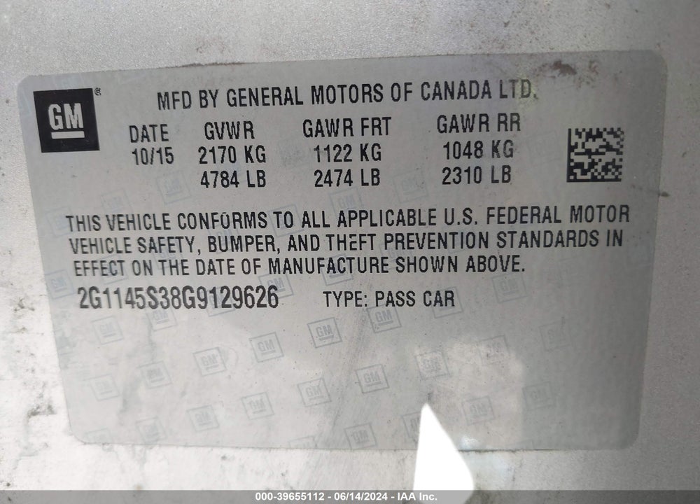 2016 CHEVROLET IMPALA 2LZ VIN: 2G1145S38G9129626