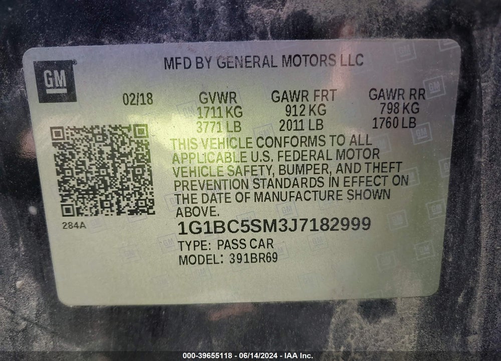 2018 CHEVROLET CRUZE LS AUTO VIN: 1G1BC5SM3J7182999
