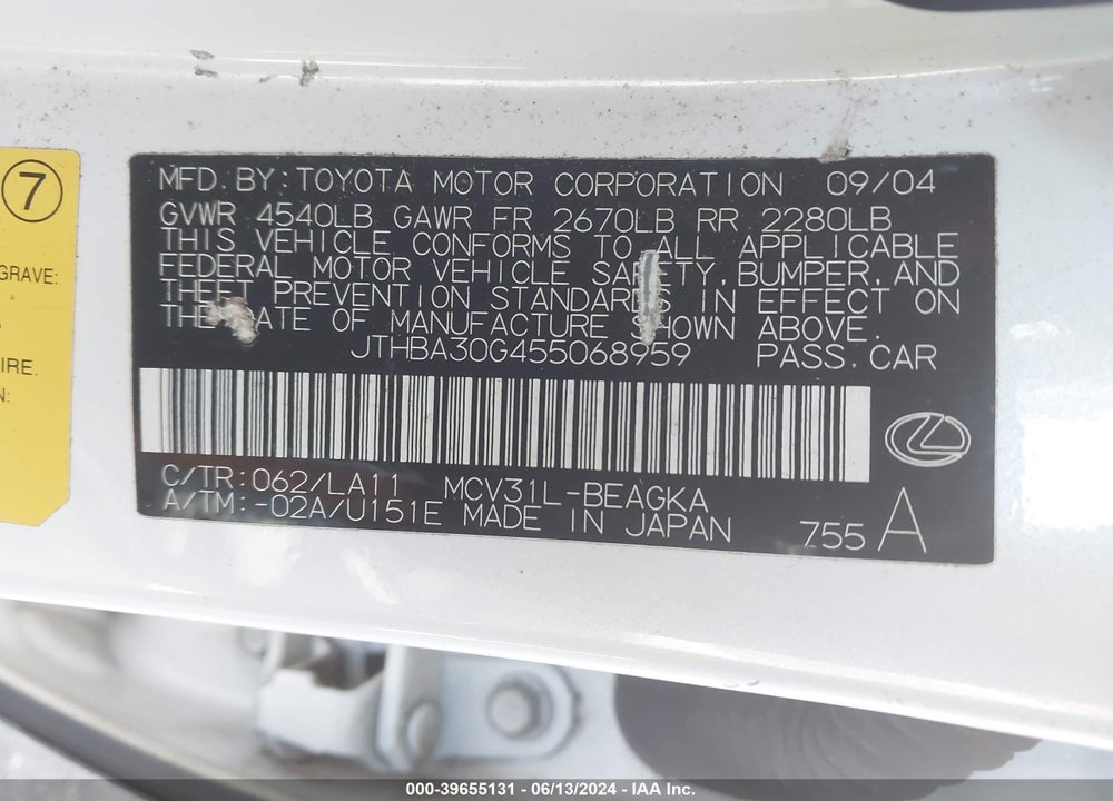 2005 LEXUS ES 330 VIN: JTHBA30G455068959