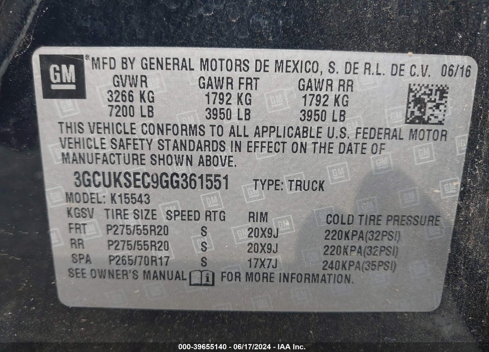 2016 CHEVROLET SILVERADO 1500 2LZ VIN: 3GCUKSEC9GG361551