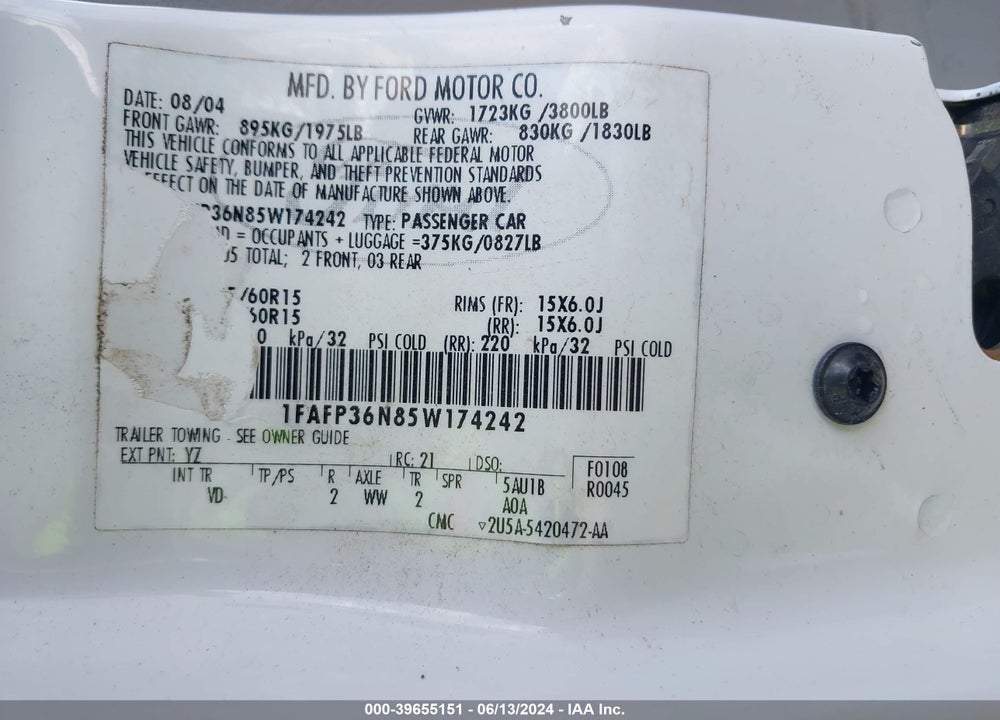2005 FORD FOCUS ZXW VIN: 1FAFP36N85W174242
