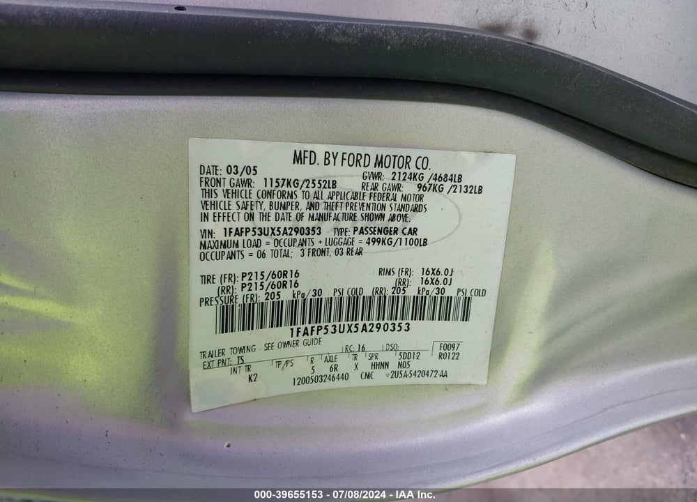 2005 FORD TAURUS SE VIN: 1FAFP53UX5A290353