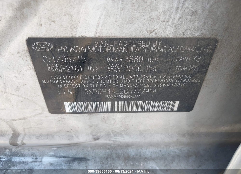 2016 HYUNDAI ELANTRA SE VIN: 5NPDH4AE2GH772914