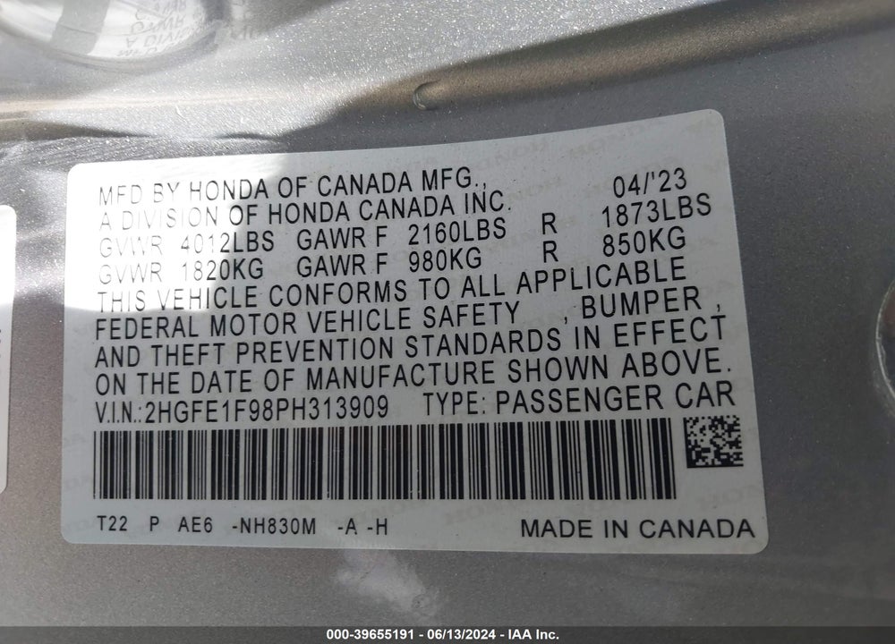2023 HONDA CIVIC TOURING VIN: 2HGFE1F98PH313909