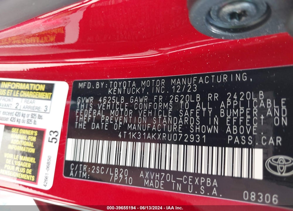2024 TOYOTA CAMRY HYBRID XSE VIN: 4T1K31AKXRU072931