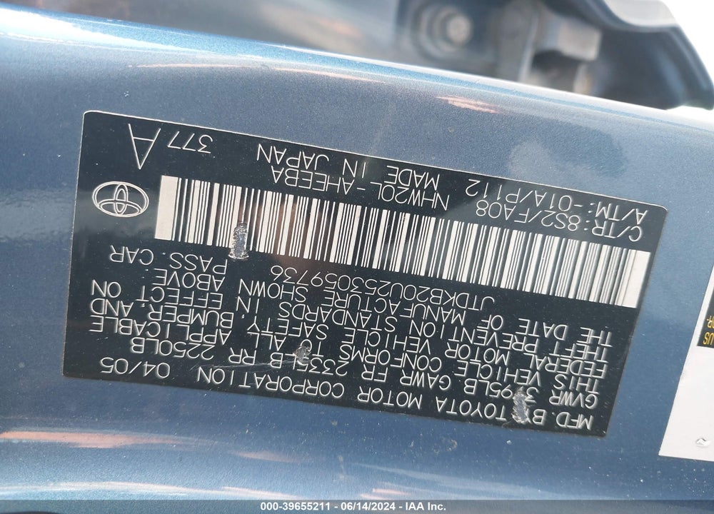 2005 TOYOTA PRIUS VIN: JTDKB20U253059736