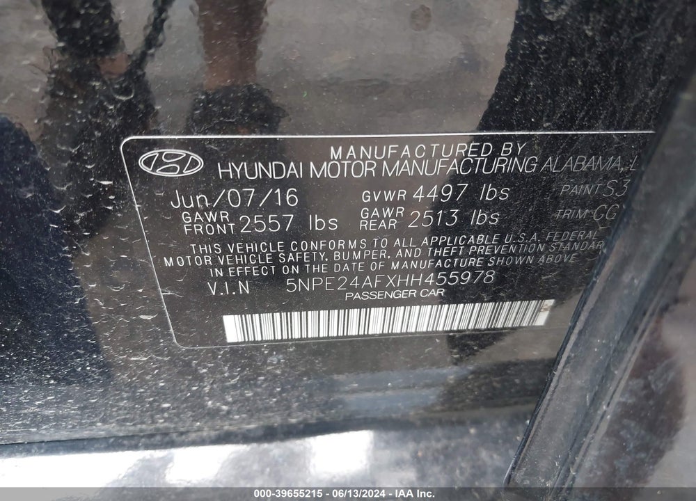 2017 HYUNDAI SONATA VIN: 5NPE24AFXHH455978