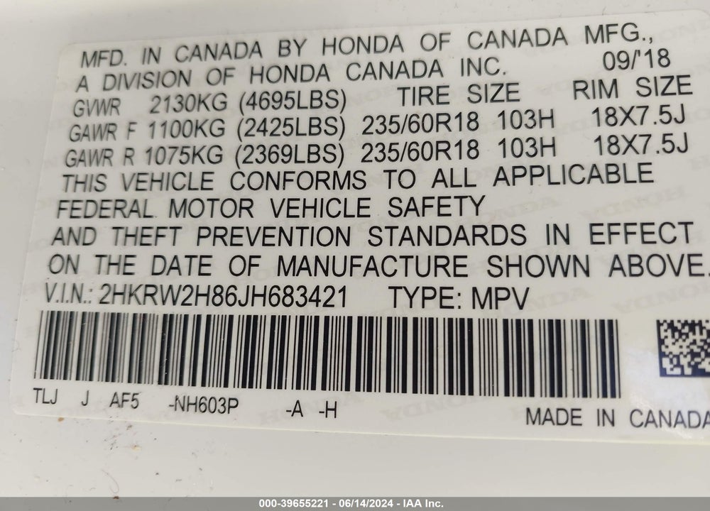 2018 HONDA CR-V EX-L/EX-L NAVI VIN: 2HKRW2H86JH683421