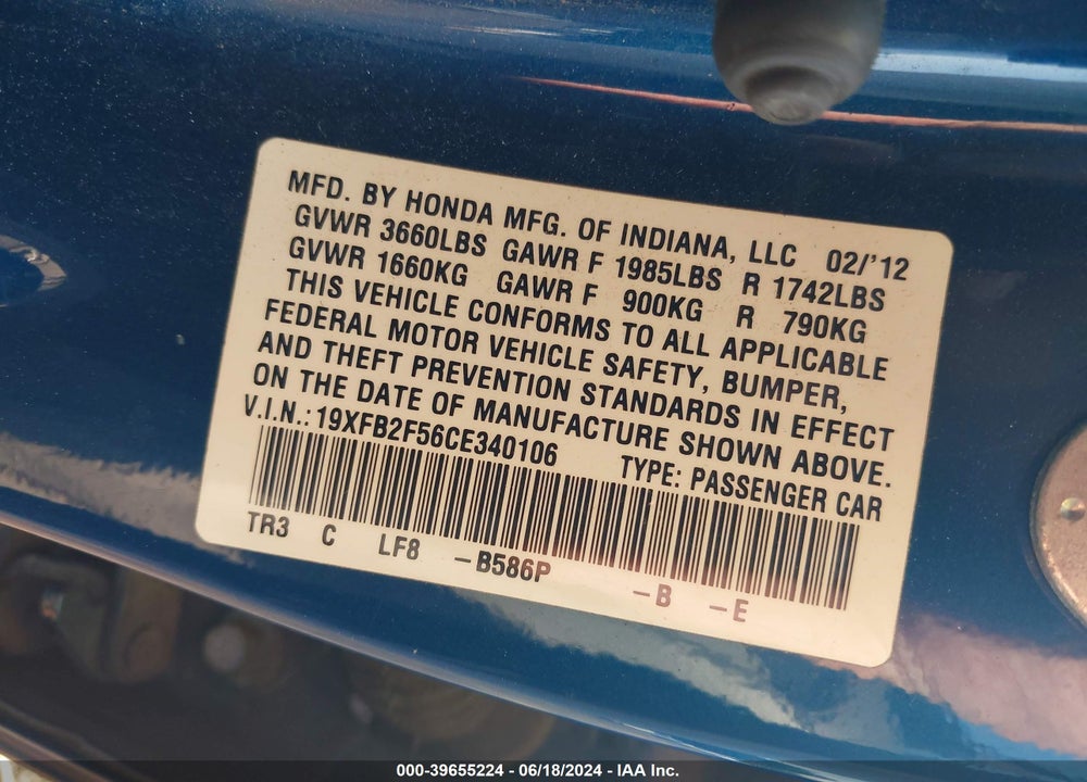 2012 HONDA CIVIC LX VIN: 19XFB2F56CE340106