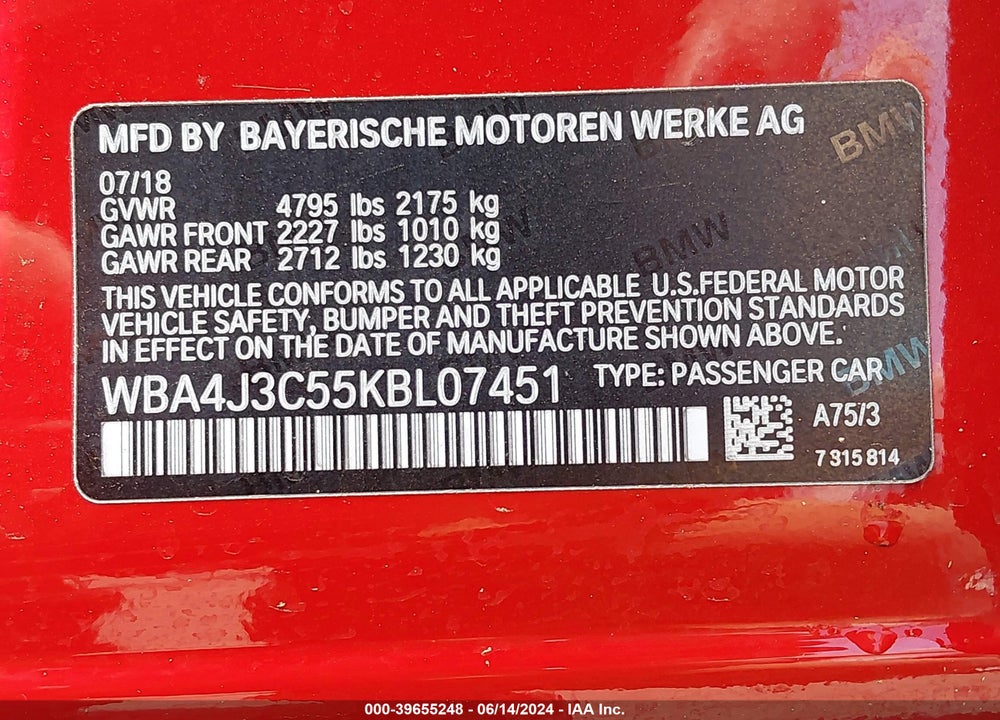 2019 BMW 430I GRAN COUPE XDRIVE VIN: WBA4J3C55KBL07451