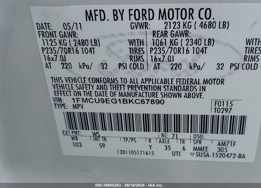 2011 FORD ESCAPE LIMITED VIN: 1FMCU9EG1BKC67890