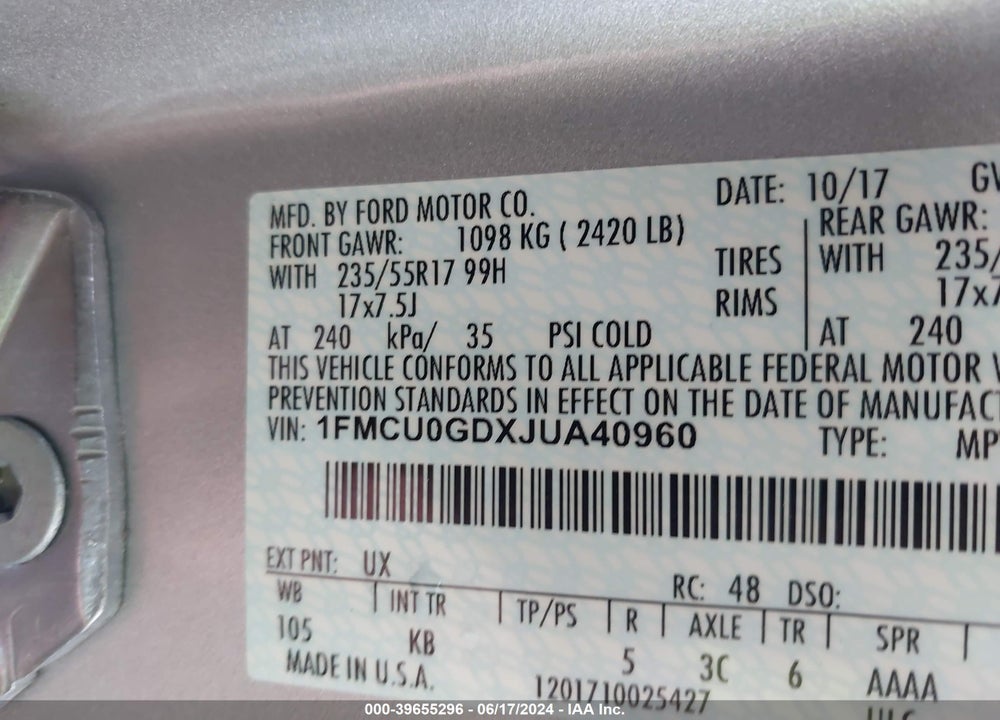 2018 FORD ESCAPE SE VIN: 1FMCU0GDXJUA40960