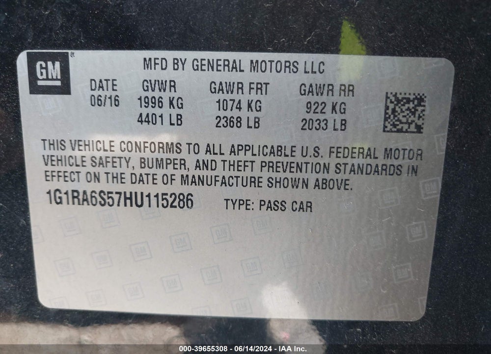 2017 CHEVROLET VOLT LT VIN: 1G1RA6S57HU115286