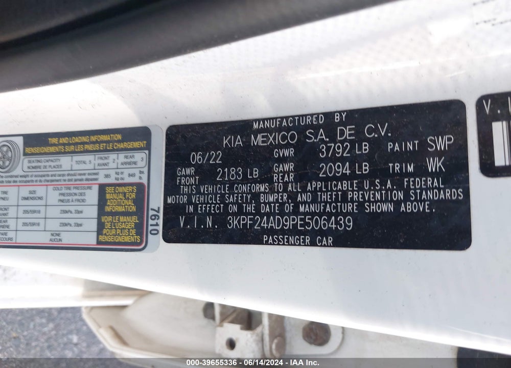 2023 KIA FORTE LXS VIN: 3KPF24AD9PE506439