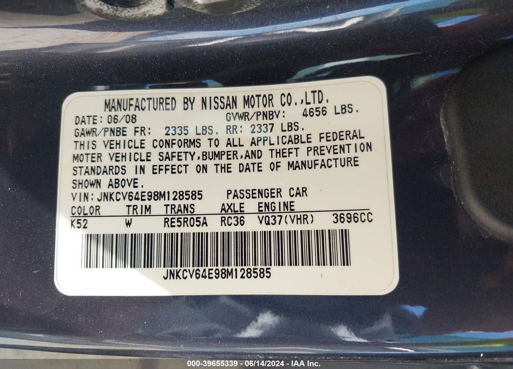 2008 INFINITI G37 VIN: JNKCV64E98M128585