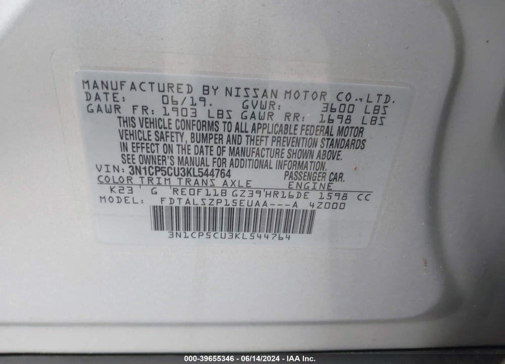 2019 NISSAN KICKS SV VIN: 3N1CP5CU3KL544764